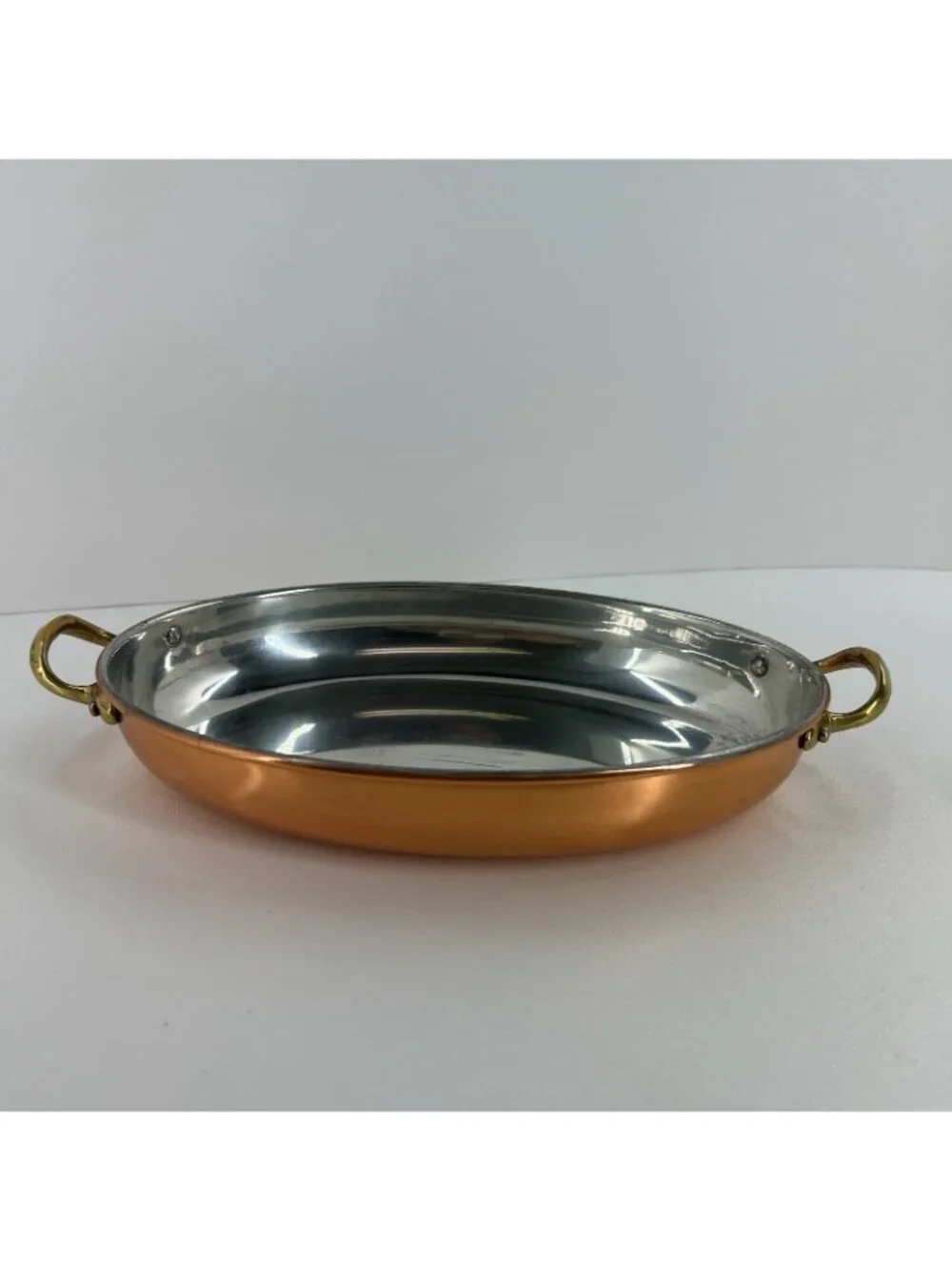 Copral Vintage Copper Oval Gratin Pan Brass Handles Tin Lined Fish Skillet 10